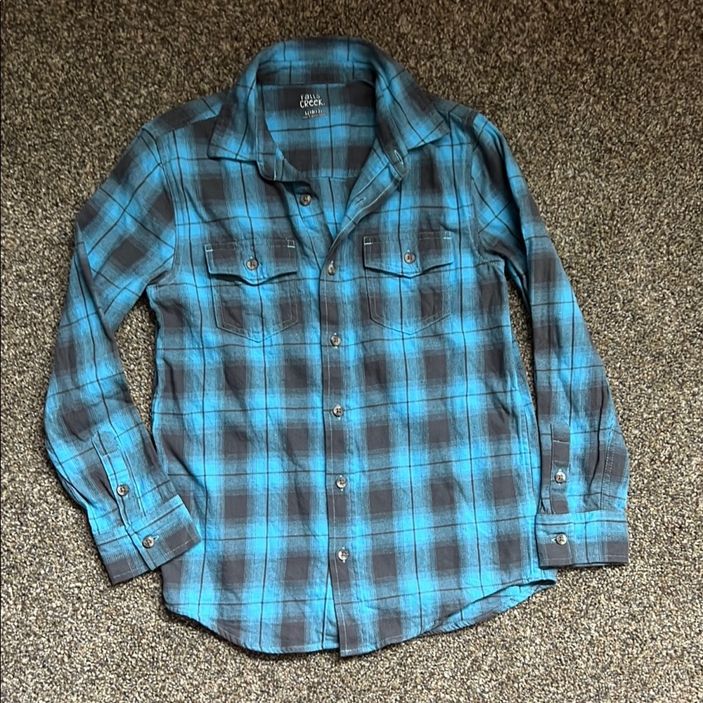 Blue and gray plaid boys size 10/12 flannel button down shirt.
